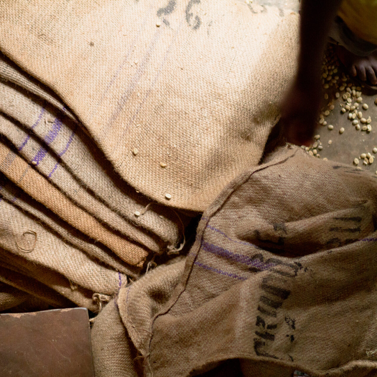 Pile of jute coffee bags