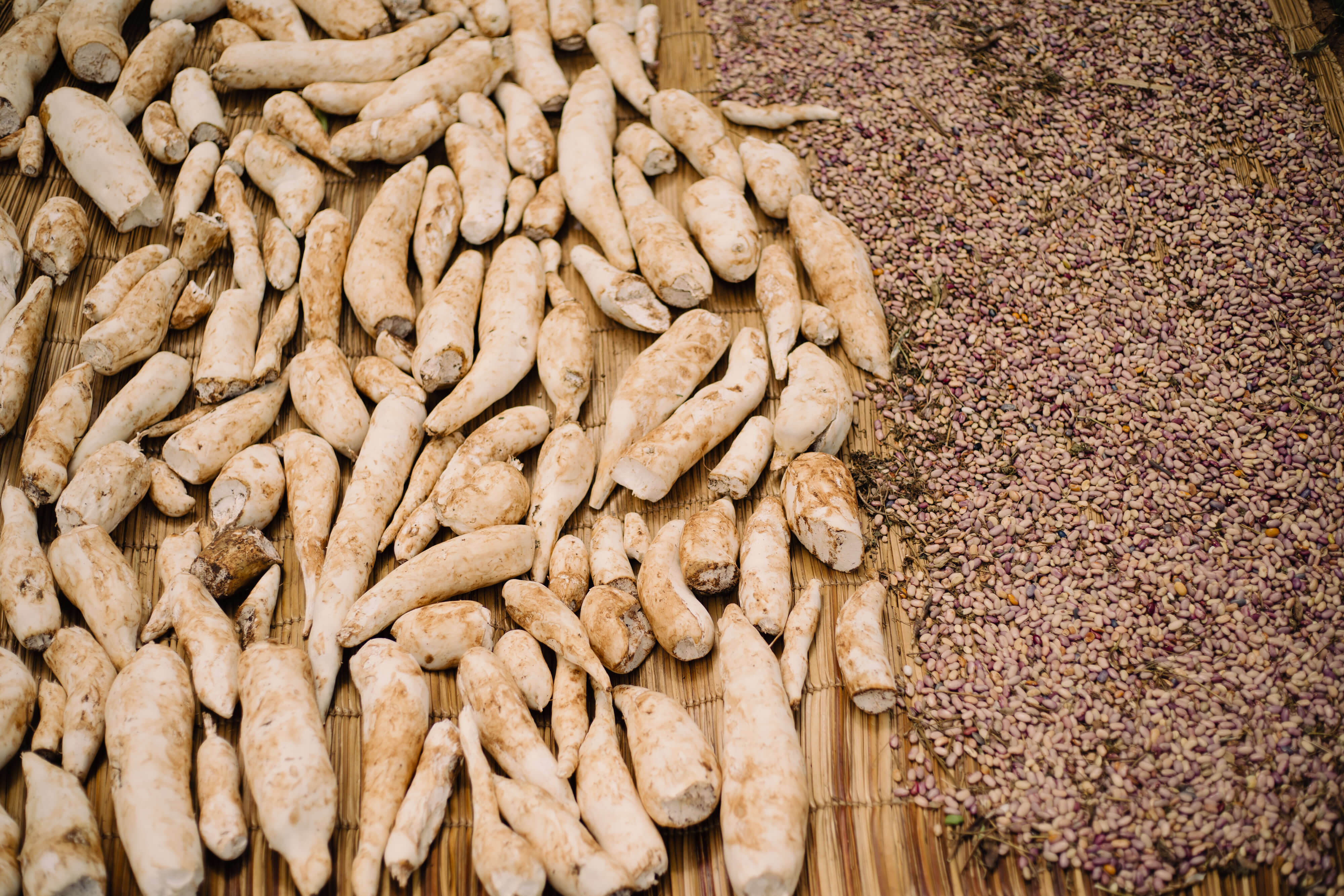 Cassava and beans drying on a woven mat in Burundi