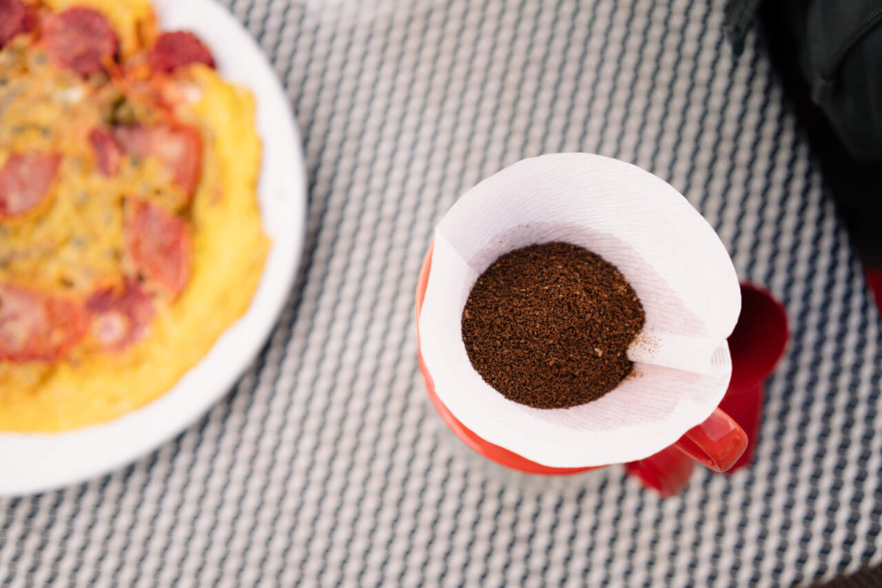 An omelette and V60 pour-over coffee maker