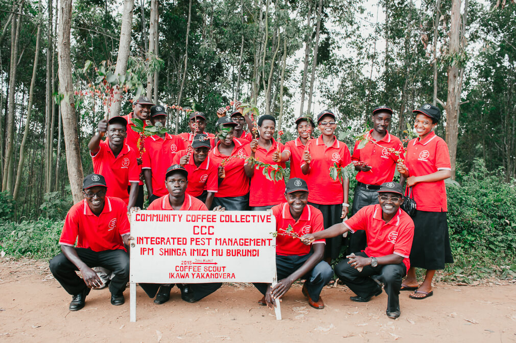 A group image of the Long Miles Coffee Scouts wearing bright red t-shirts